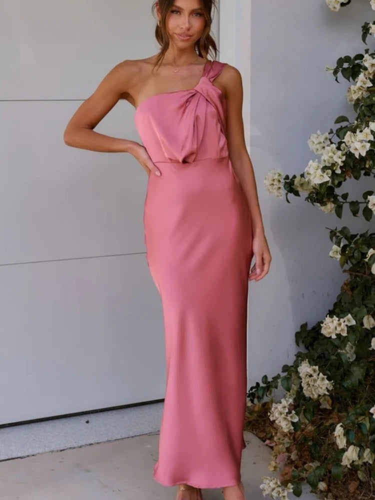 Satin Elegant Dress with Slanted Shoulders and Sexy Hip Hugging Style LADYLYS