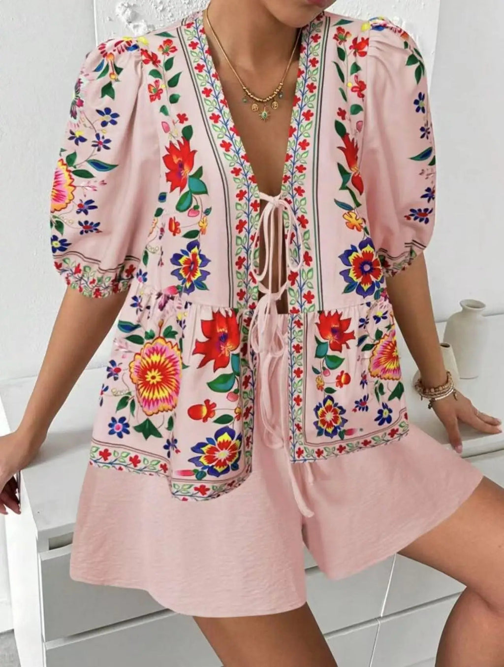 Printed Cardigan Short-sleeved Top Shorts 2-piece Set LADYLYS