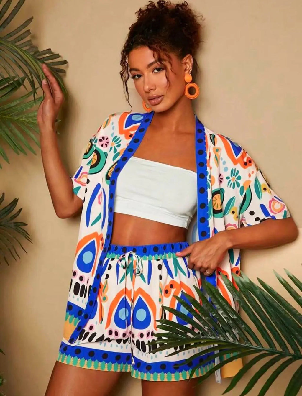 Casual Printed Cardigan Short-sleeved Top Shorts Two-piece Set LADYLYS