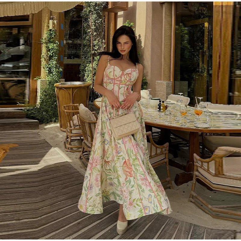 Floral Print Halter Neck Corset Waist Maxi Dress Elegant LADYLYS