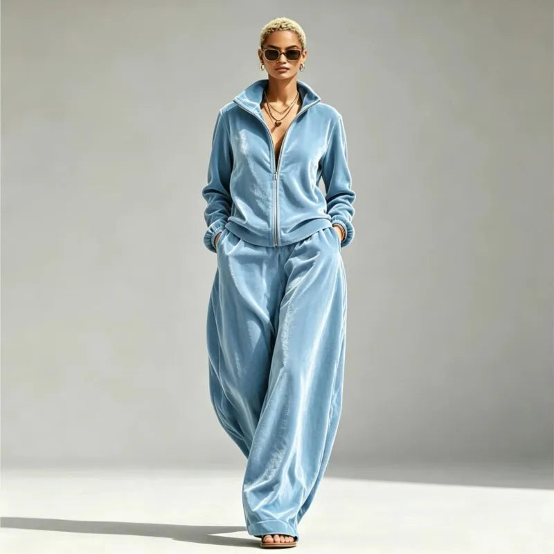 Women's Velvet Two-Piece Set with Wide-Leg Pants