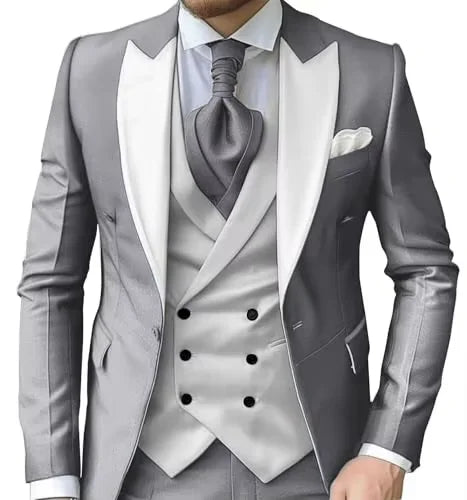 Men's Slim-Fit Three-Piece Suit with Peak Lapels