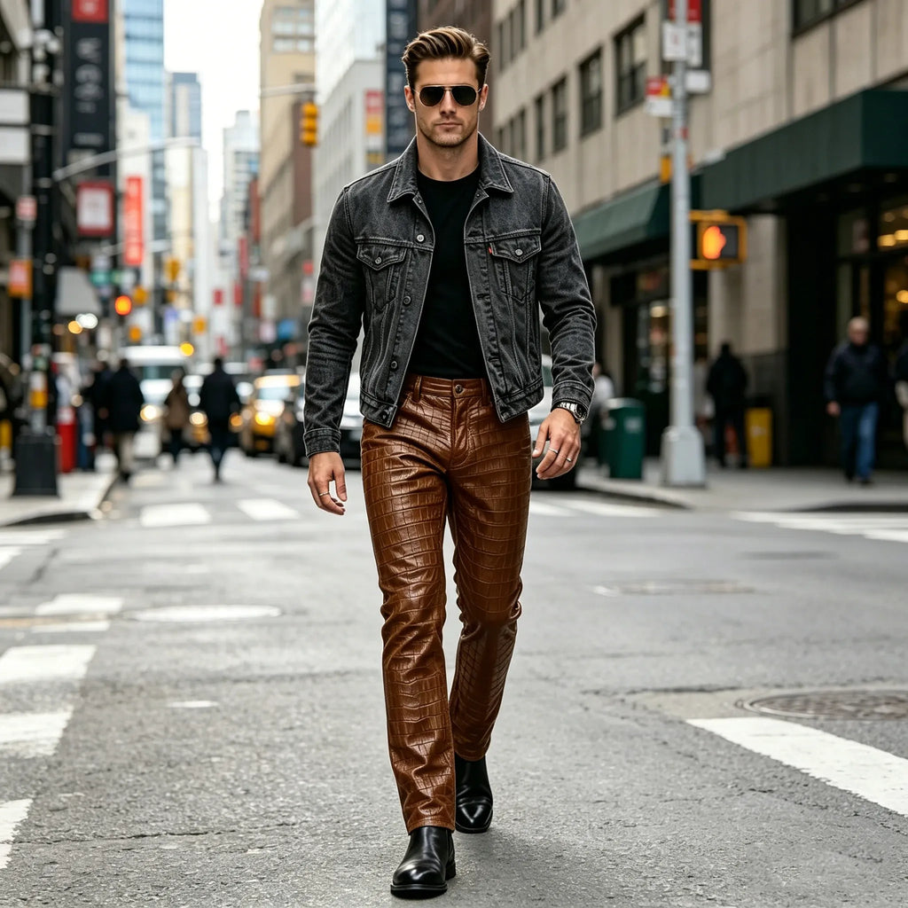 Men's Croc-Embossed Faux Leather Slim-Fit Trousers