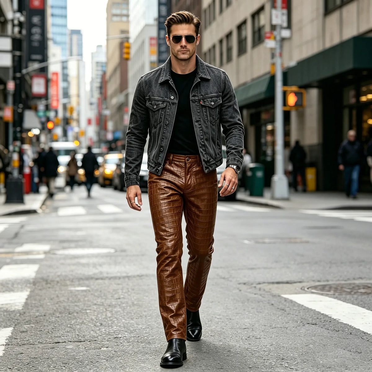 Men's Croc-Embossed Faux Leather Slim-Fit Trousers