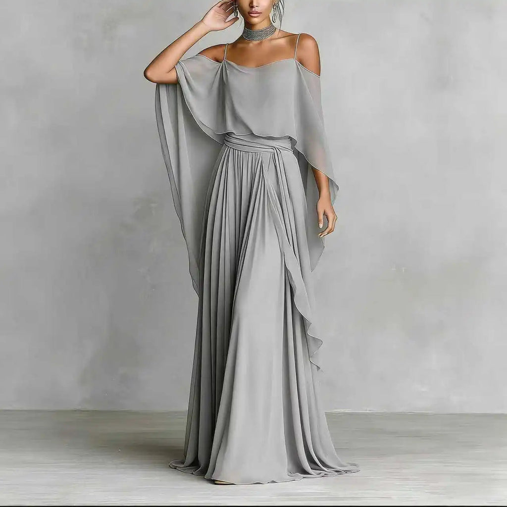 Summer Fashion Solid Chiffon Dress Elegant Off Shoulder Strap Bat Sleeve High Waist Long Dress Women Wedding Guest Outfits LADYLYS