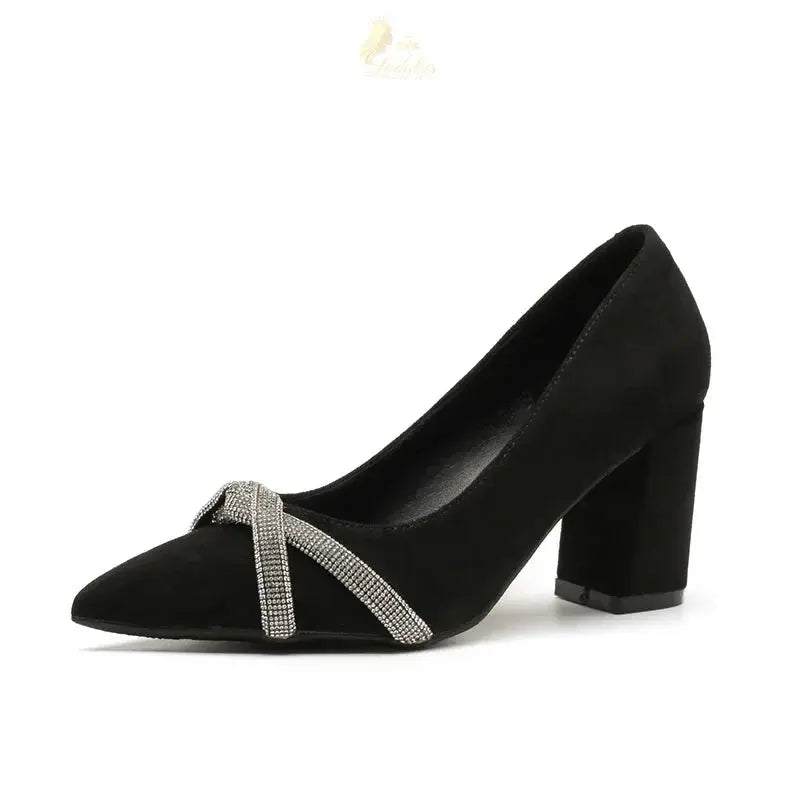 Chunky Heel Pointed Toe Rhinestone Suede High-heeled Shoes Women Block Heel Pumps LADYLYS