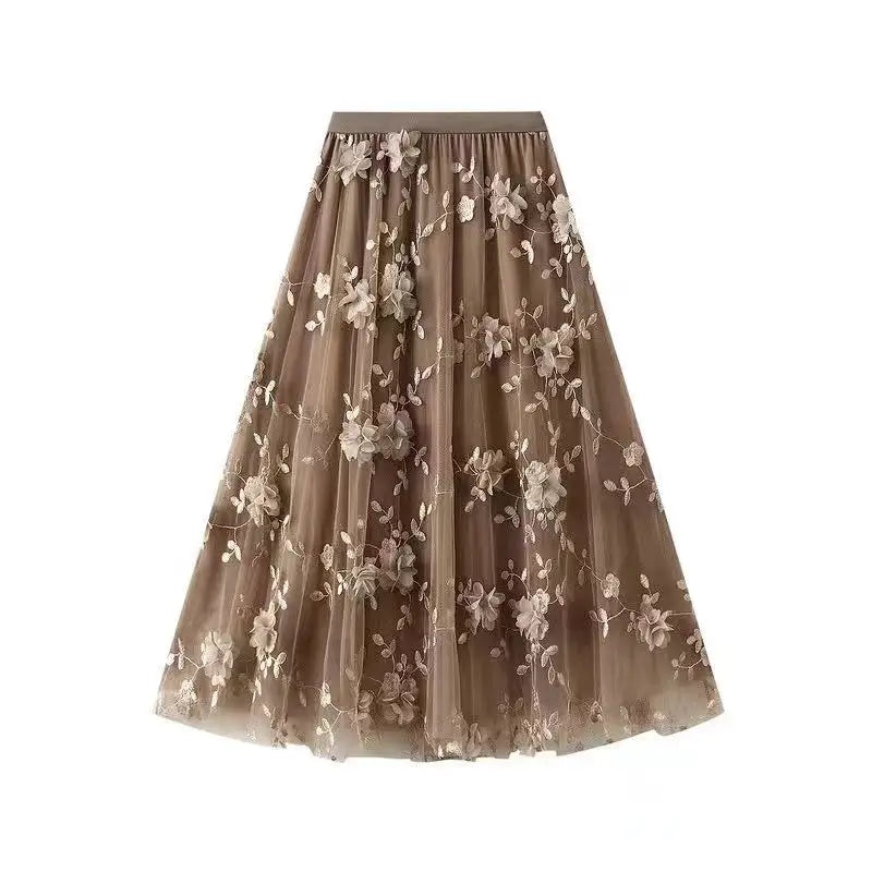 High Waist Slim Long Skirt High Quality Embroidery Sweet 3D Flowers Mesh Tulle LADYLYS