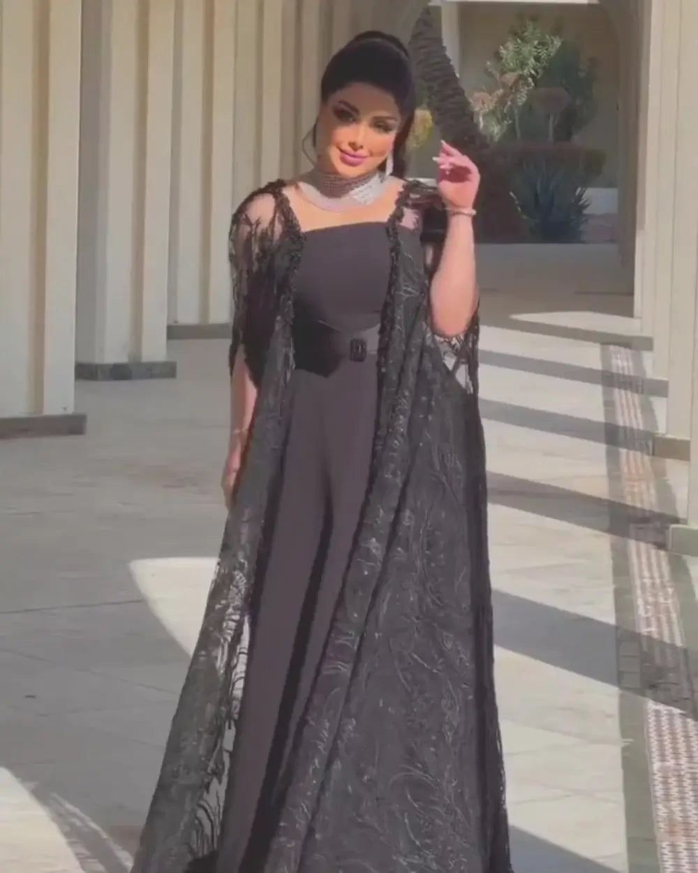 Chiffon A-Line Formal Gown with Square Neck and Lace Stole