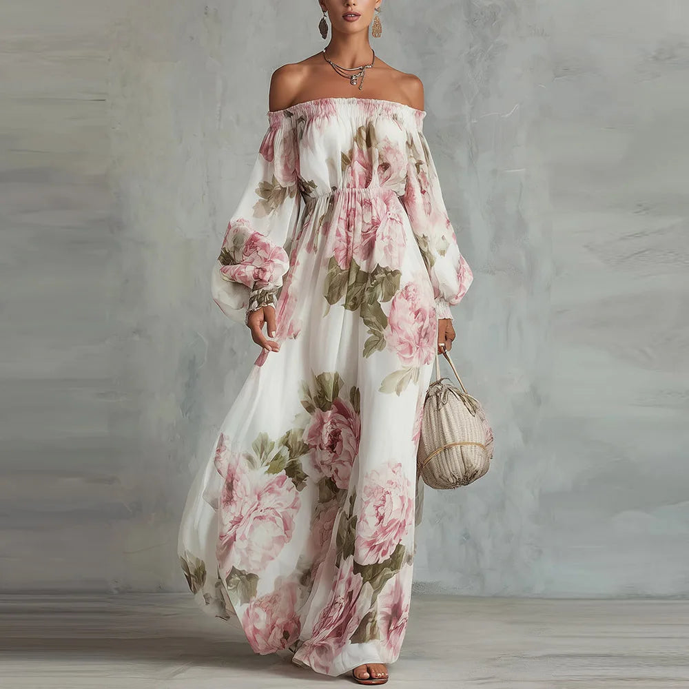 Women's Printed Slash-Neck Midi Dress