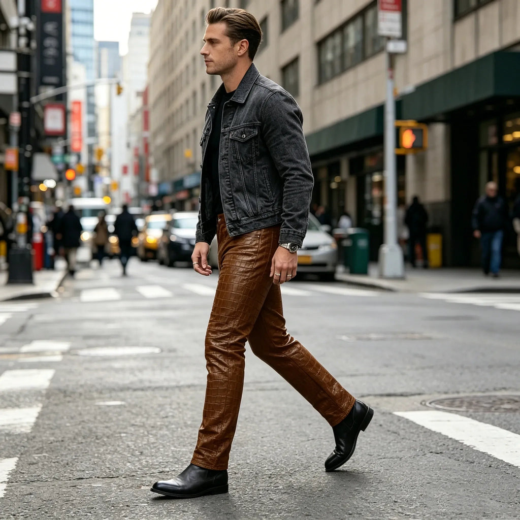 Men's Croc-Embossed Faux Leather Slim-Fit Trousers