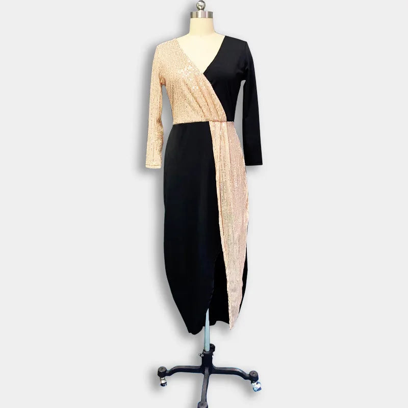 Temperament and ankle two-color black and gold ethnic style high waist solid color temperament dress long sleeve waist dress LADYLYS