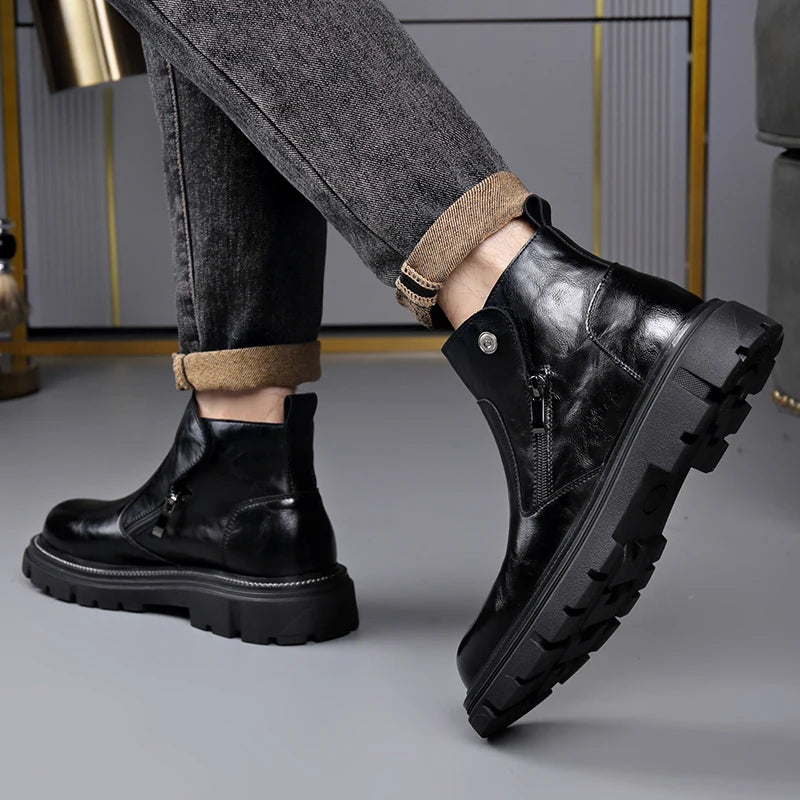Men's Genuine Leather Zip-Up Ankle Boots – British Retro High-Top Non-Slip Booties