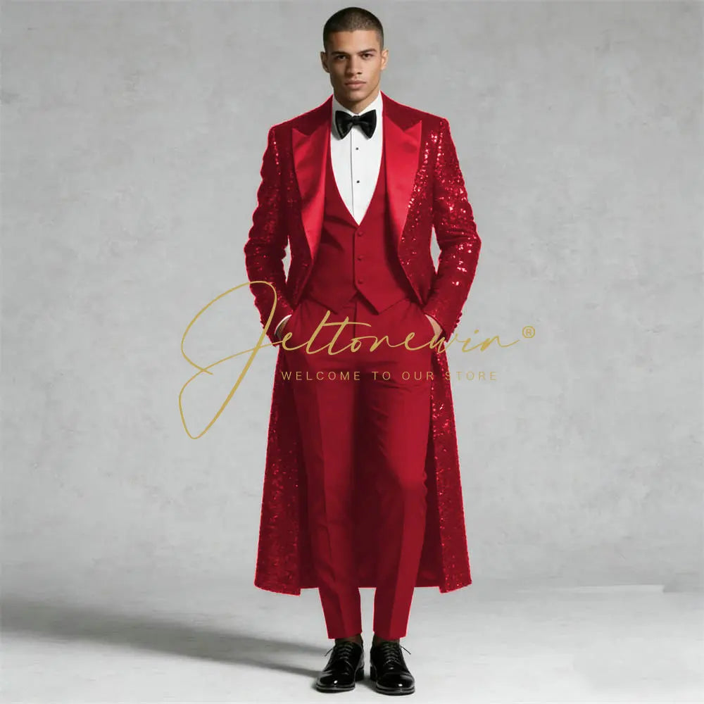 Sequin Wedding Suits For Men Peaked Lapel Groom elegant 3 Pieces LADYLYS