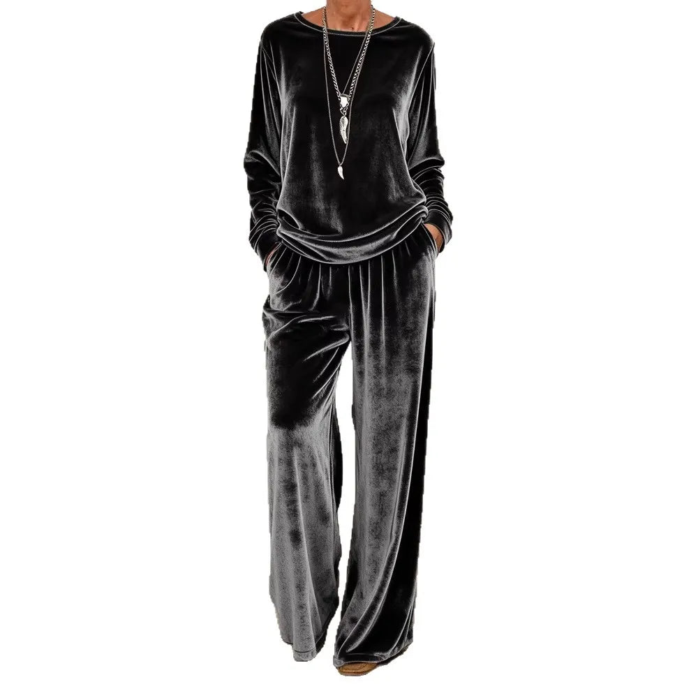 Women's Velvet Two-Piece Set – O-Neck Top & Wide-Leg Pants, Loose Fit, Office & Party