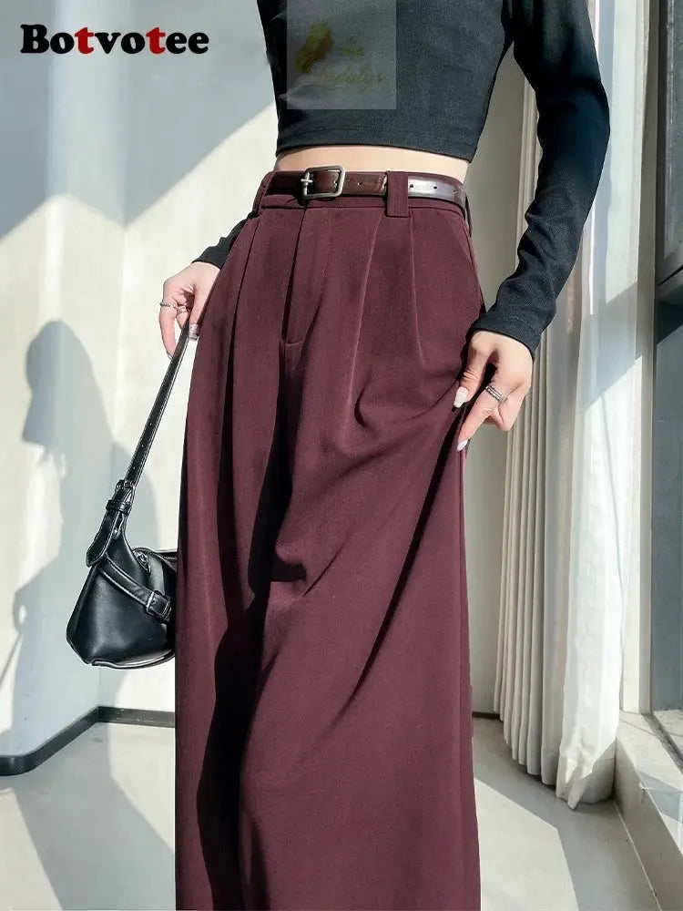 Botvotee Burgundy Suits Pants for Women Office Lady Elegant High Waist Wide Leg LADYLYS