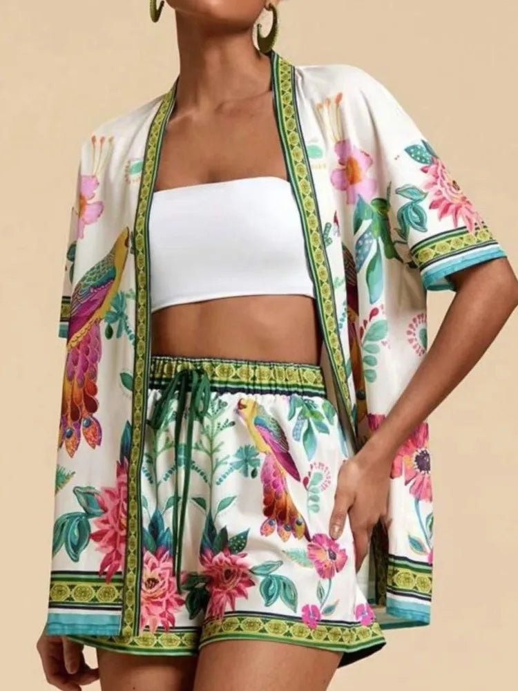 Casual Printed Cardigan Short-sleeved Top Shorts Two-piece Set LADYLYS