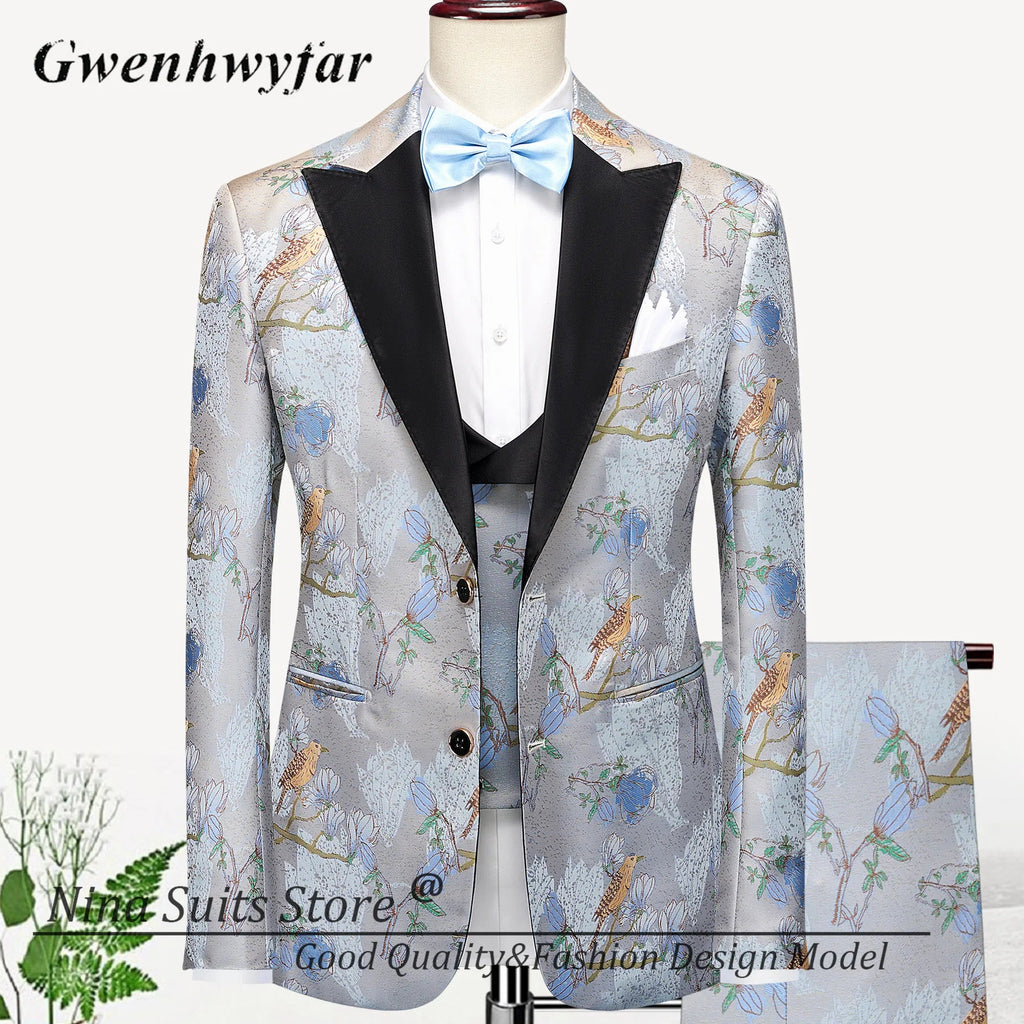 Men Suits Cashew Flower Jacquard Tuxedos Groom Wear Formal Party Suit LADYLYS