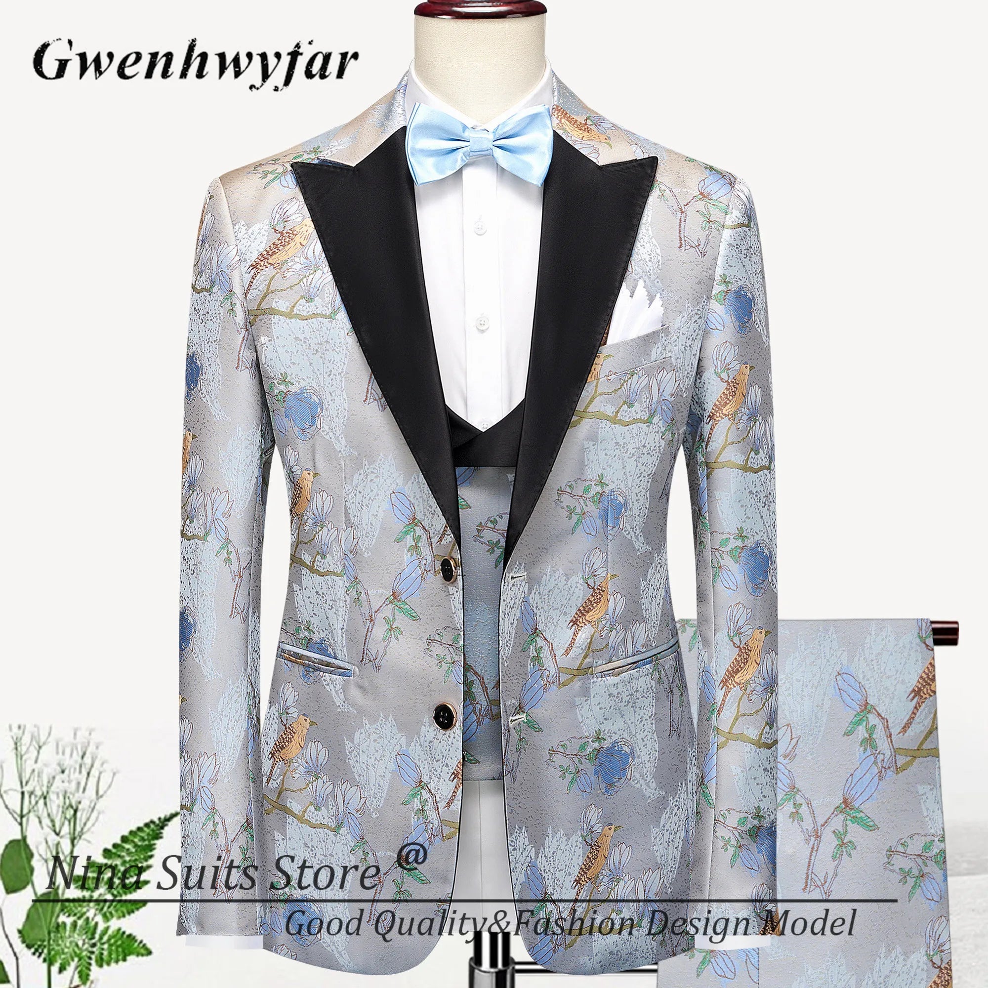 Men Suits Cashew Flower Jacquard Tuxedos Groom Wear Formal Party Suit LADYLYS