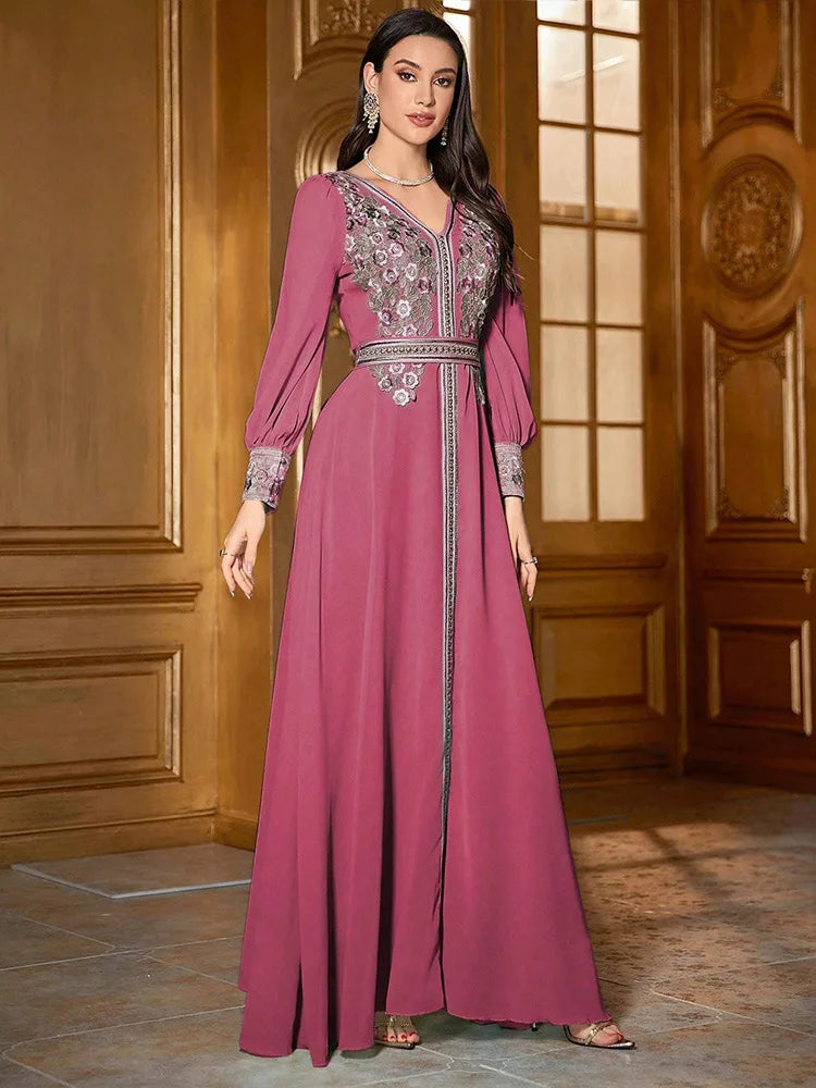 Eid femmes robe Abaya Caftan musulman col en V broderie robe de soirée Matutina-Chic