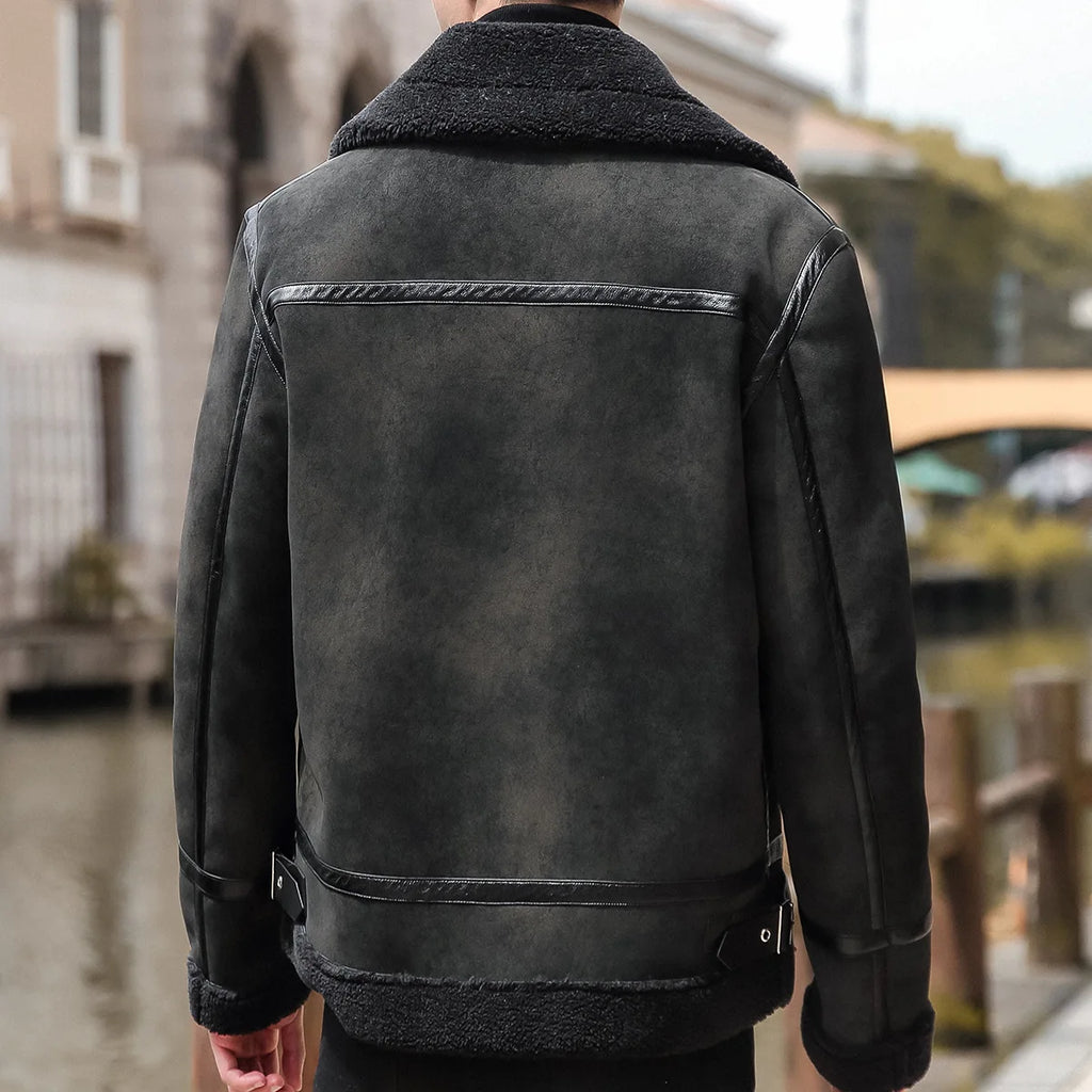 Men's PU Leather Jacket – Faux Fur Collar, Fleece-Lined, Windproof, Korean Slim Fit