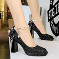 Banquet New Sweet Pearl One-Length High Heels Rhinestone Bow Square Head Waterproof LADYLYS