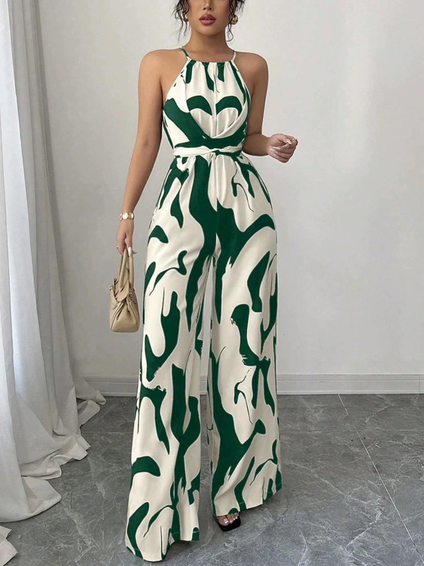 Retro versatile lace up waist slimming and high-end printed hanging neck jumpsuit LADYLYS