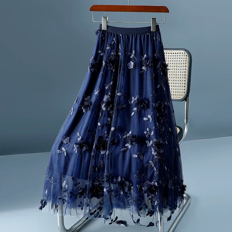 High Waist Slim Long Skirt High Quality Embroidery Sweet 3D Flowers Mesh Tulle LADYLYS