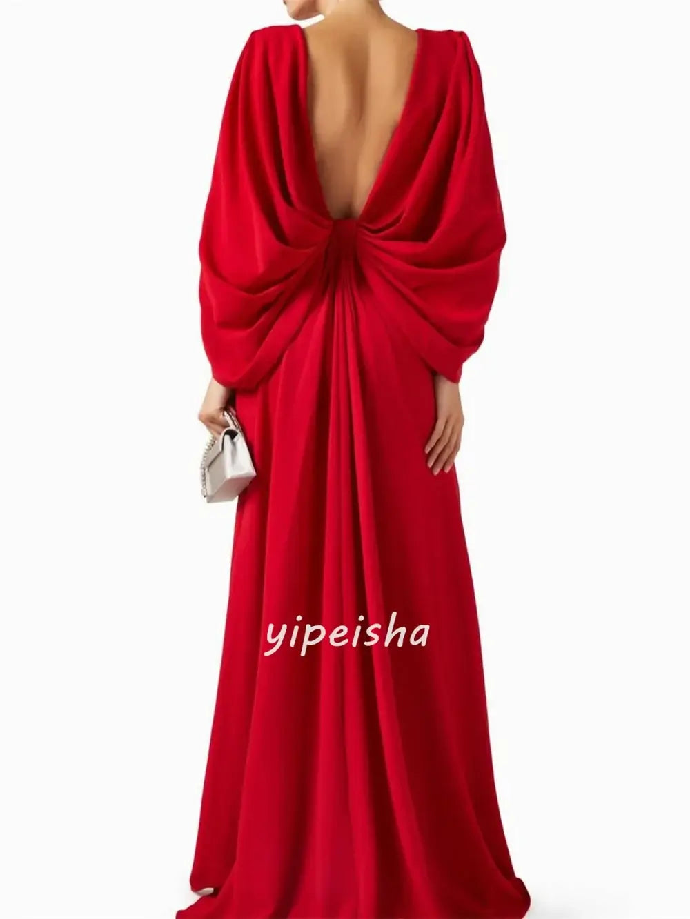 Elegant Ruched Jersey Evening Gown with Long Sleeves