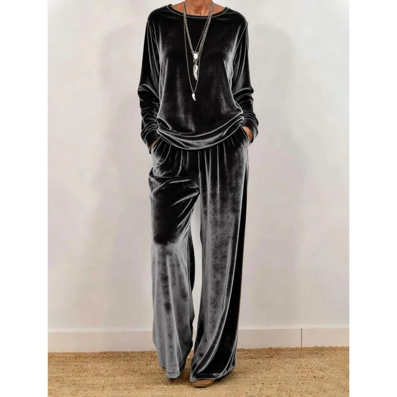 Women's Velvet O-Neck Top & Wide Leg Pants Set — Solid Color 2-Piece Outfit