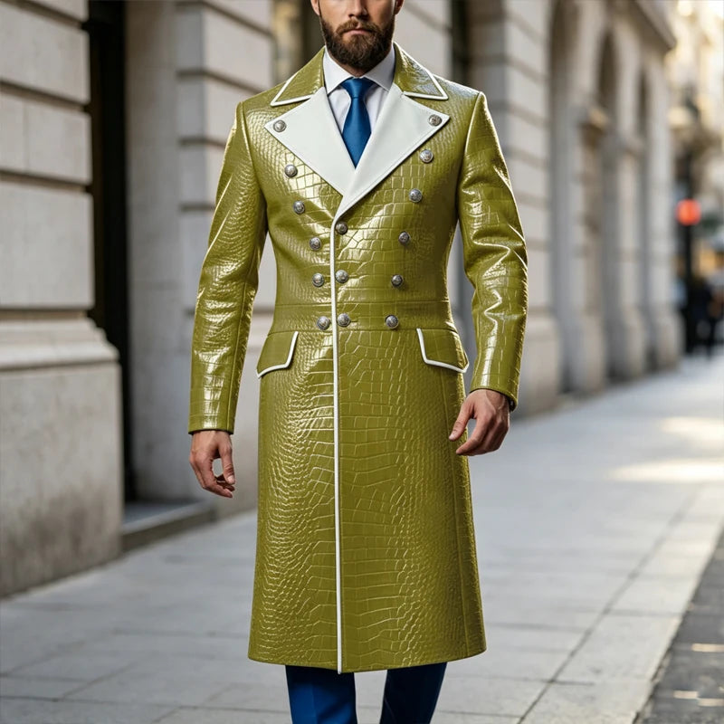 Men's Croc-Embossed Faux Leather Double-Breasted Overcoat with Contrast White Lapels