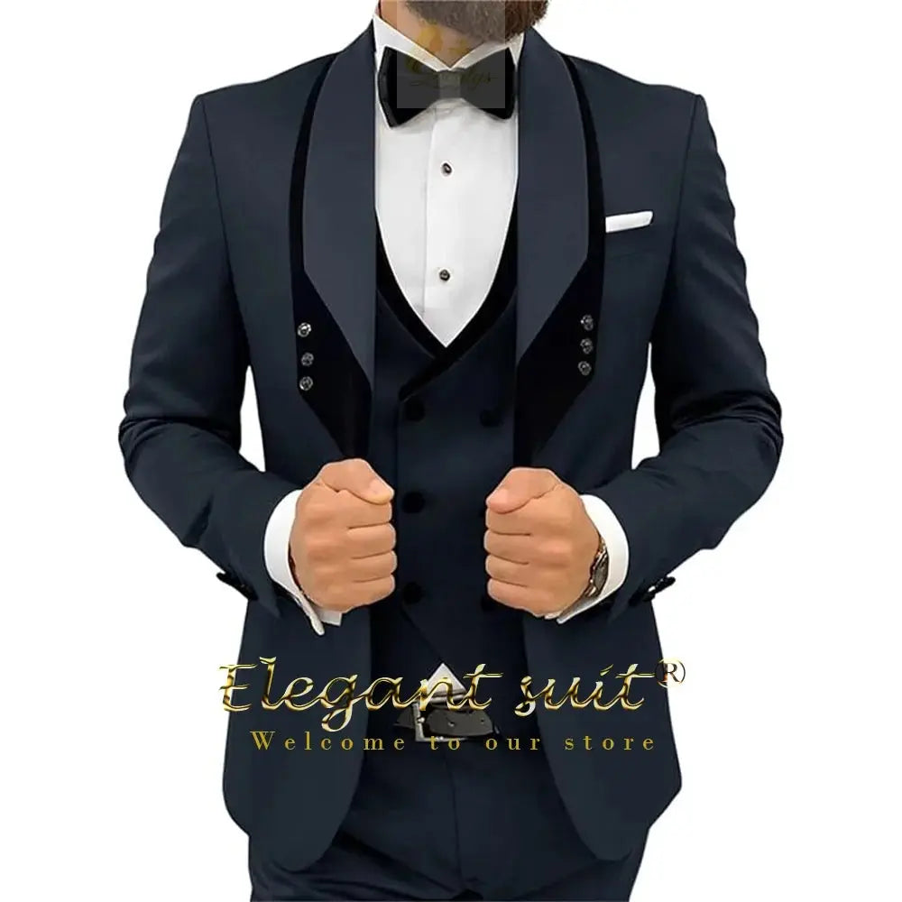 Men's black collar 3 piece suit (single button jacket vest and trousers)elegant slim fit tuxedo LADYLYS