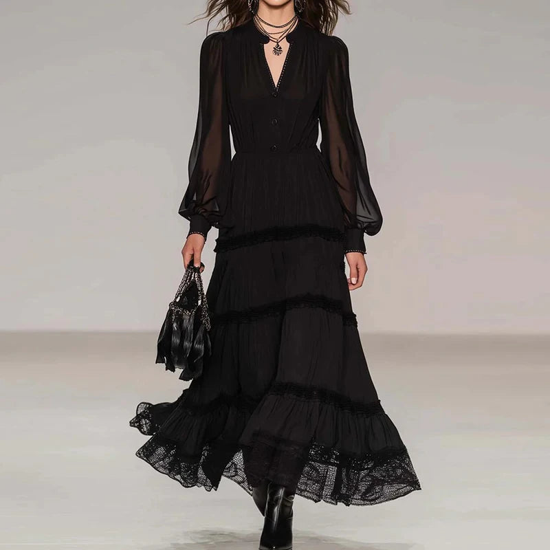 Black V-Neck Maxi Dress – Long Sleeve Mesh Patchwork A-Line | Party & Streetwear