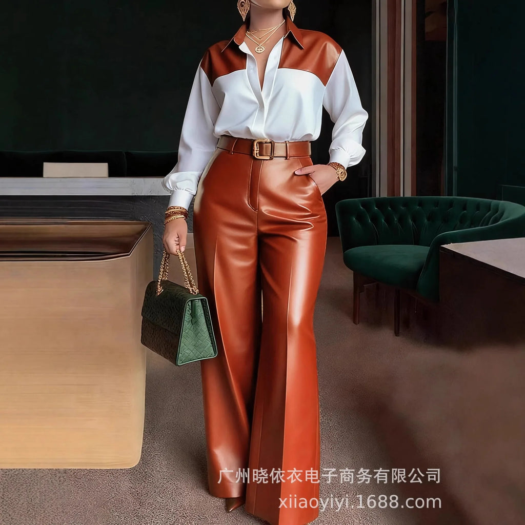 Women's 2-Piece Set: Long Sleeve Shirt and Wide-Leg Faux Leather Trousers