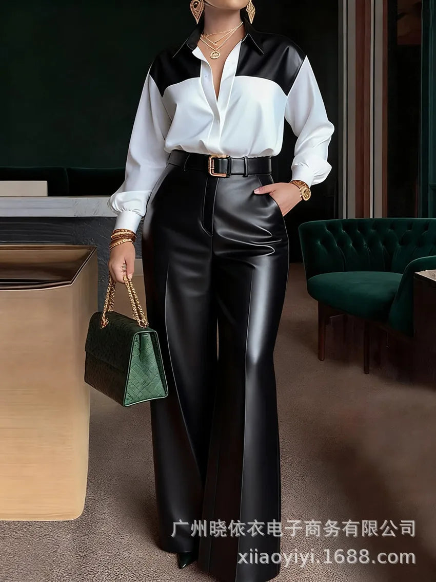 Women's 2-Piece Set: Long Sleeve Shirt and Wide-Leg Faux Leather Trousers
