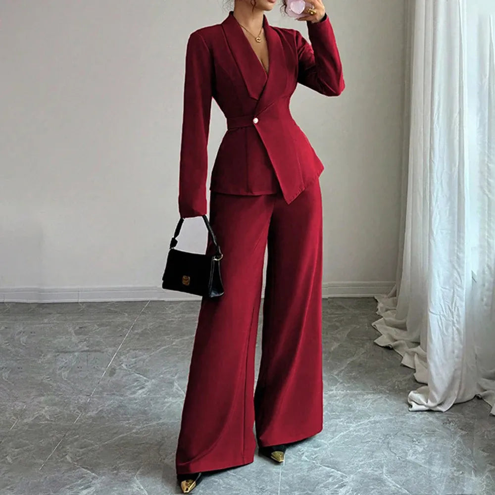 Women's Blazer & High-Waisted Wide-Leg Trousers Set