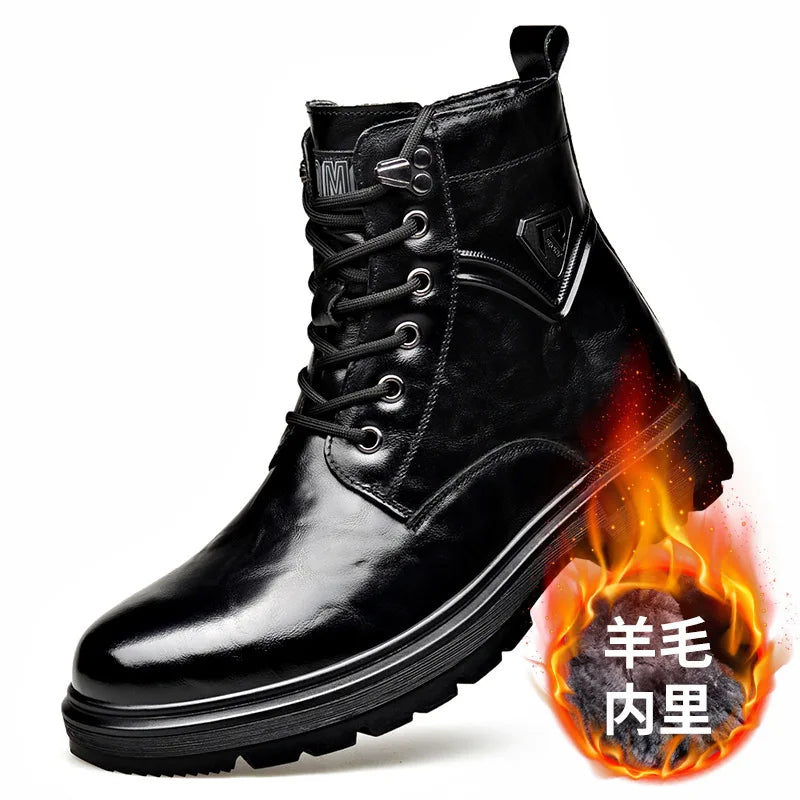 Men's Genuine Leather Platform Ankle Boots – Lace-Up Wool-Lined Waterproof Work Boots