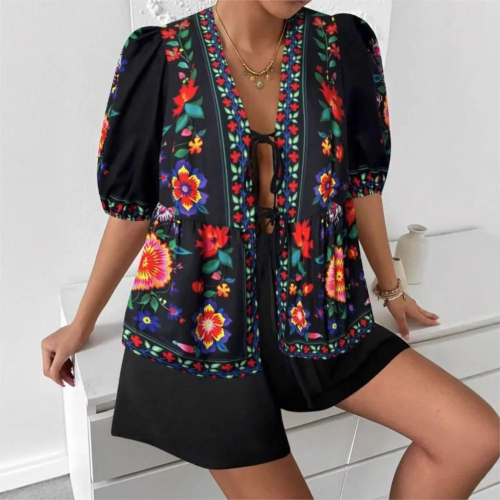 Printed Cardigan Short-sleeved Top Shorts 2-piece Set LADYLYS