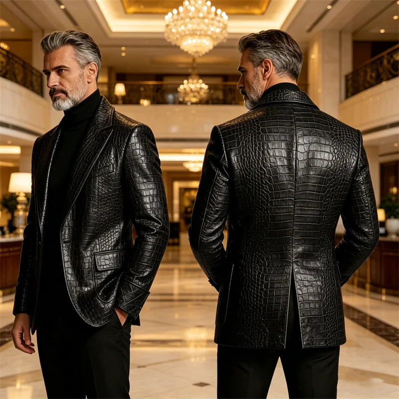 Men's Luxury Shawl Lapel Blazer Crocodile Embossed Leather LADYLYS