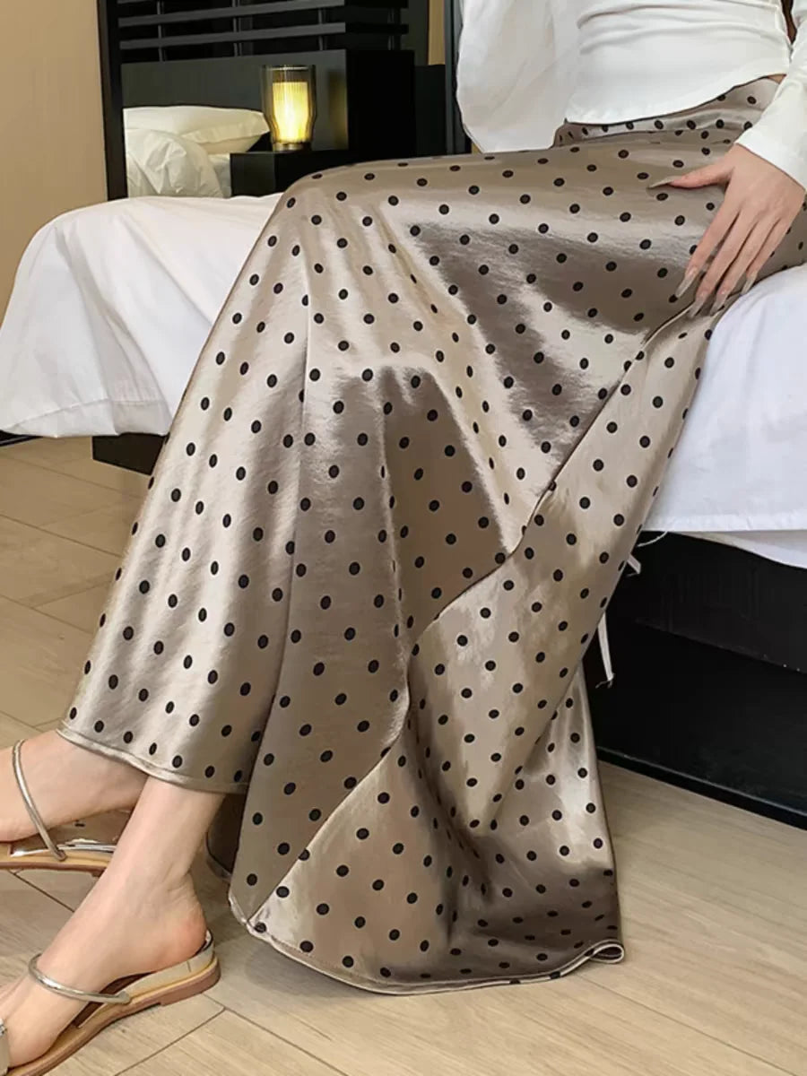 Polka Dot Acetate Satin Mermaid Maxi Skirt High-Waisted Slimming Fishtail Hem with Draped Elegance LADYLYS