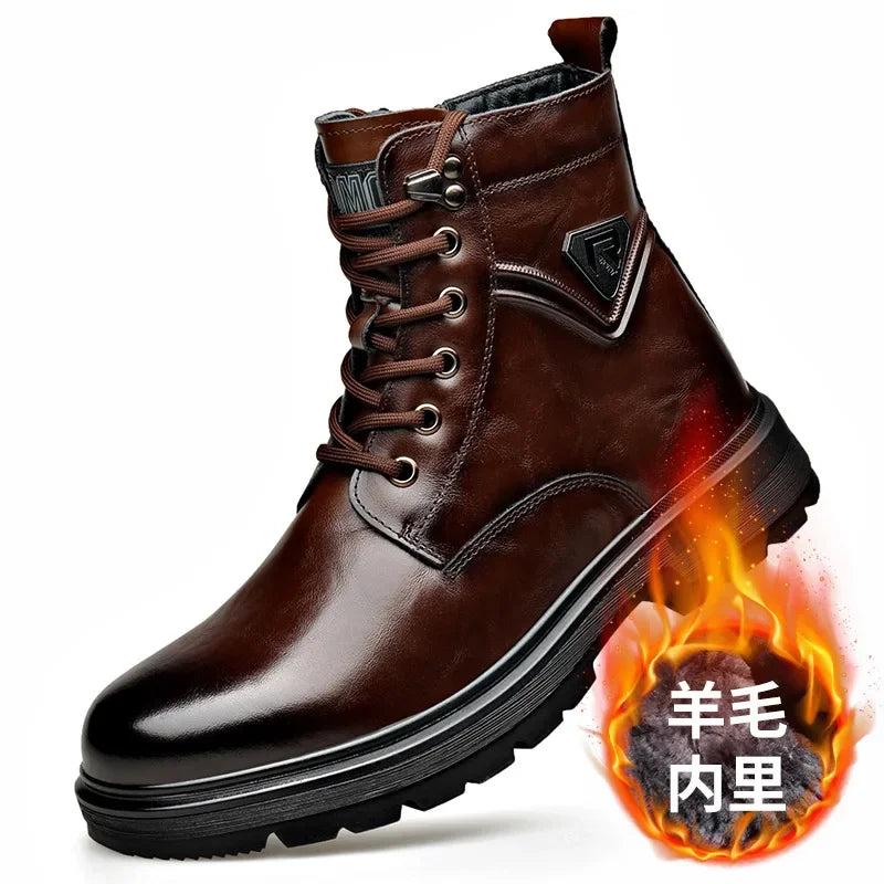 Men's Genuine Leather Platform Ankle Boots – Lace-Up Wool-Lined Waterproof Work Boots