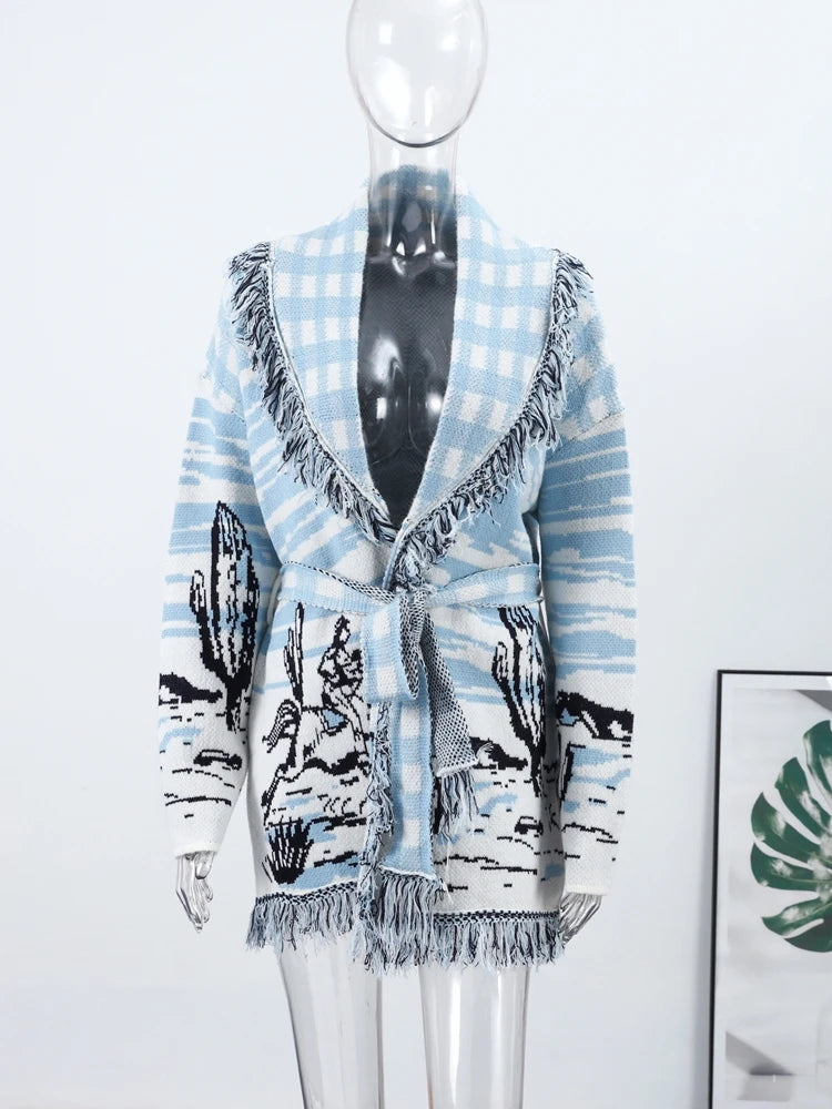 Women's Jacquard Knit Wrap Cardigan with Belt and Fringe Trim