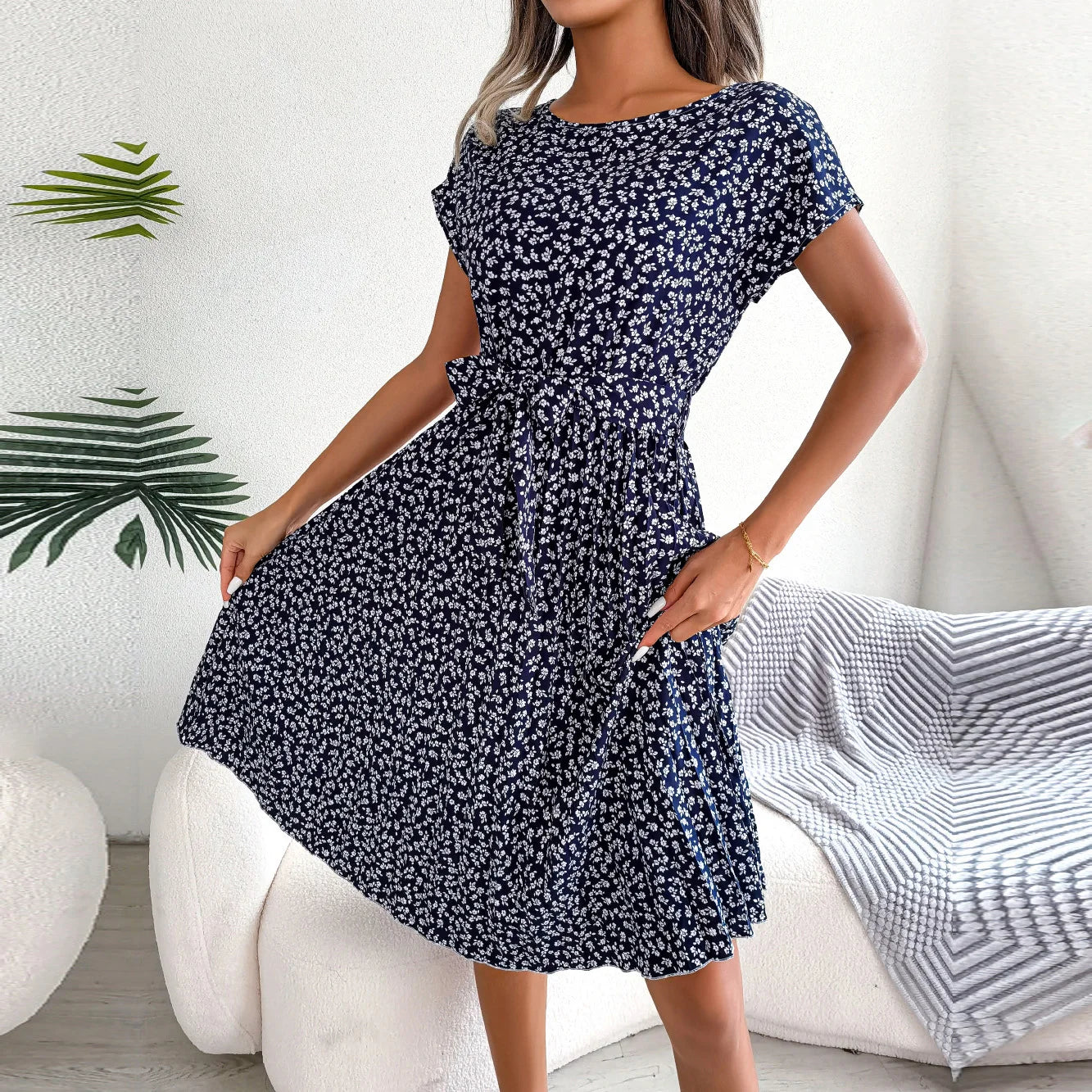 Summer Short Sleeve High Waist Chic Dress Fashion Floral Pleated A Line Long Dress LADYLYS