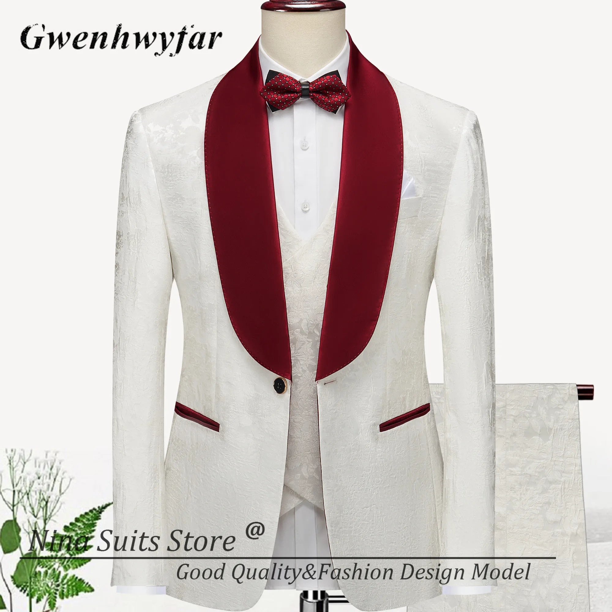 Men Suits Cashew Flower Jacquard Tuxedos Groom Wear Formal Party Suit LADYLYS