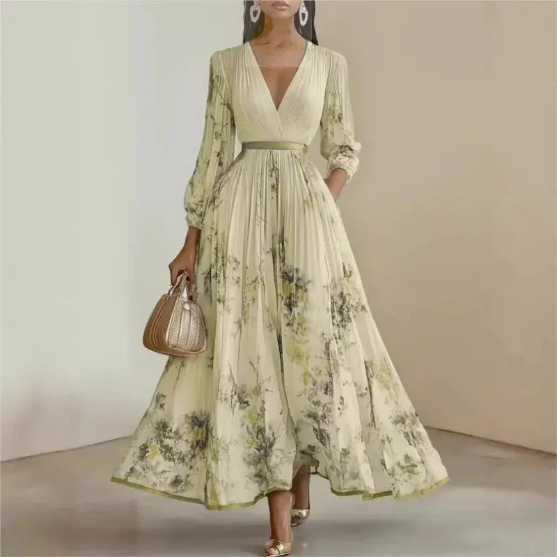 Pleated Dress New Spring Autumn Florat Printed Deep V-neck Long-sleeved Fashion Maxi Elegant LADYLYS