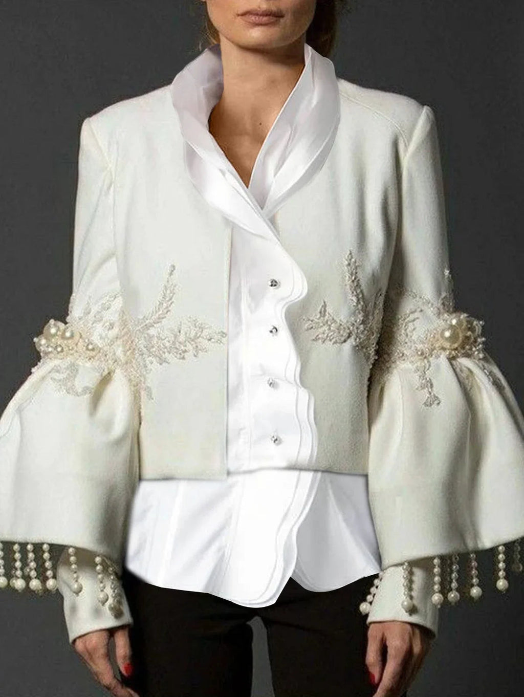 Pearl Tassel Jacket Fashion Elegant Stand Collar Pearl Fringed Decor Embroidery Flare LADYLYS