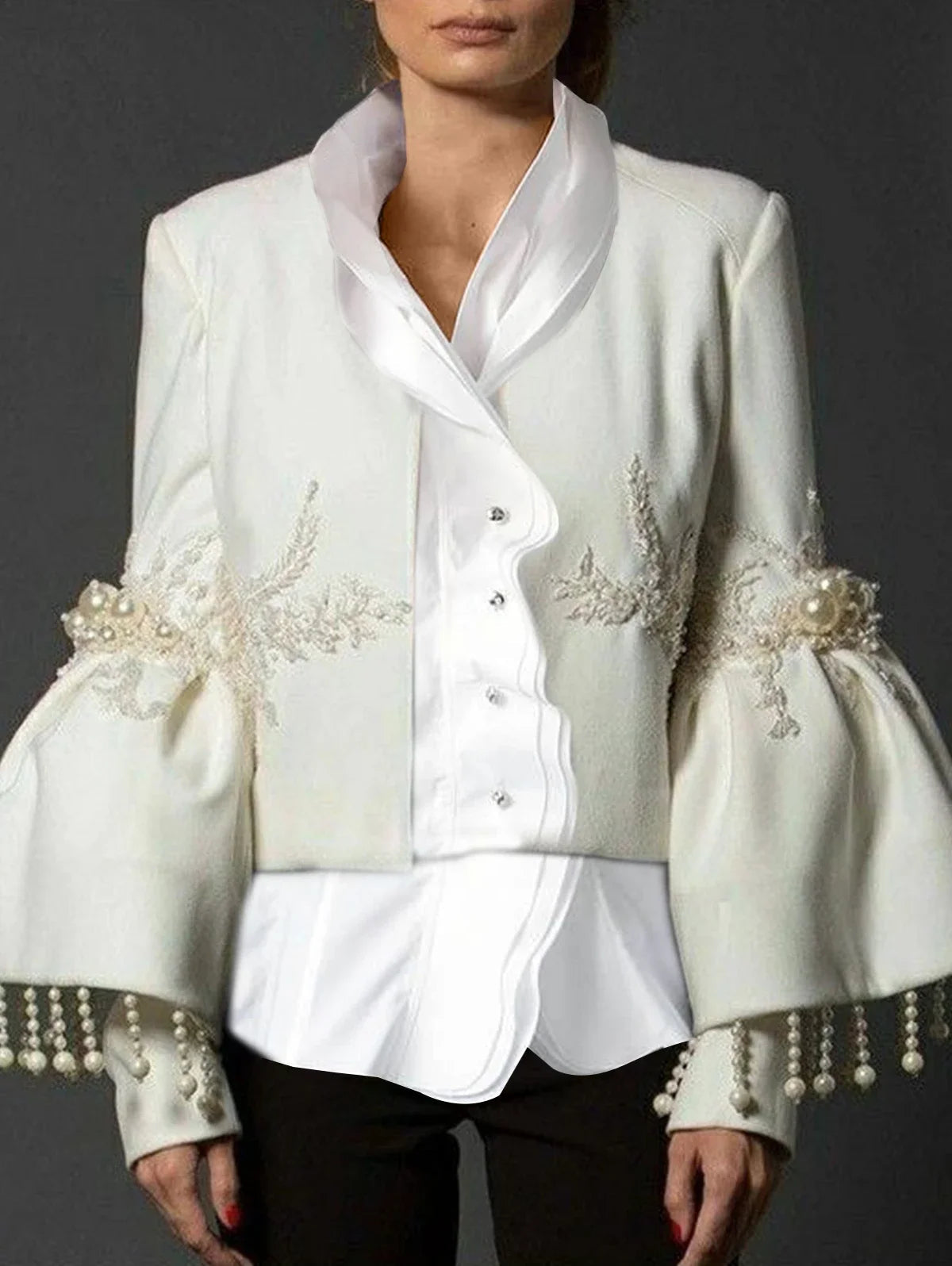 Pearl Tassel Jacket Fashion Elegant Stand Collar Pearl Fringed Decor Embroidery Flare LADYLYS