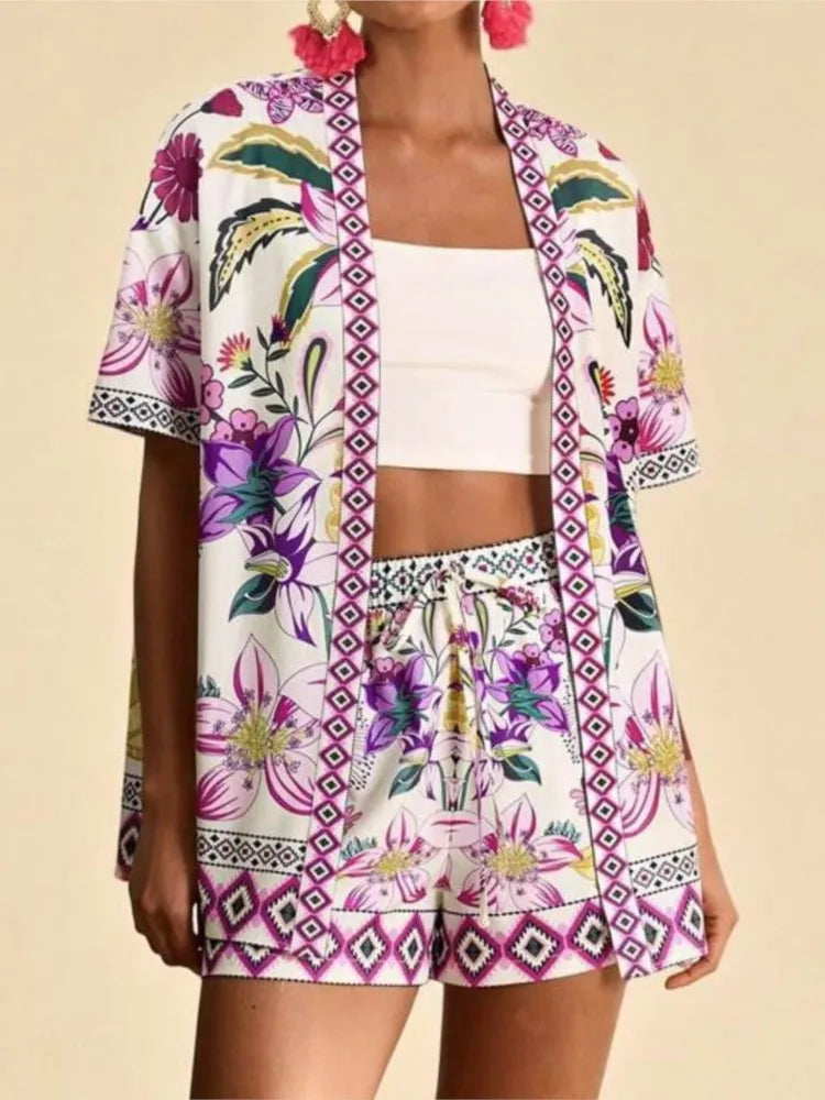 Casual Printed Cardigan Short-sleeved Top Shorts Two-piece Set LADYLYS