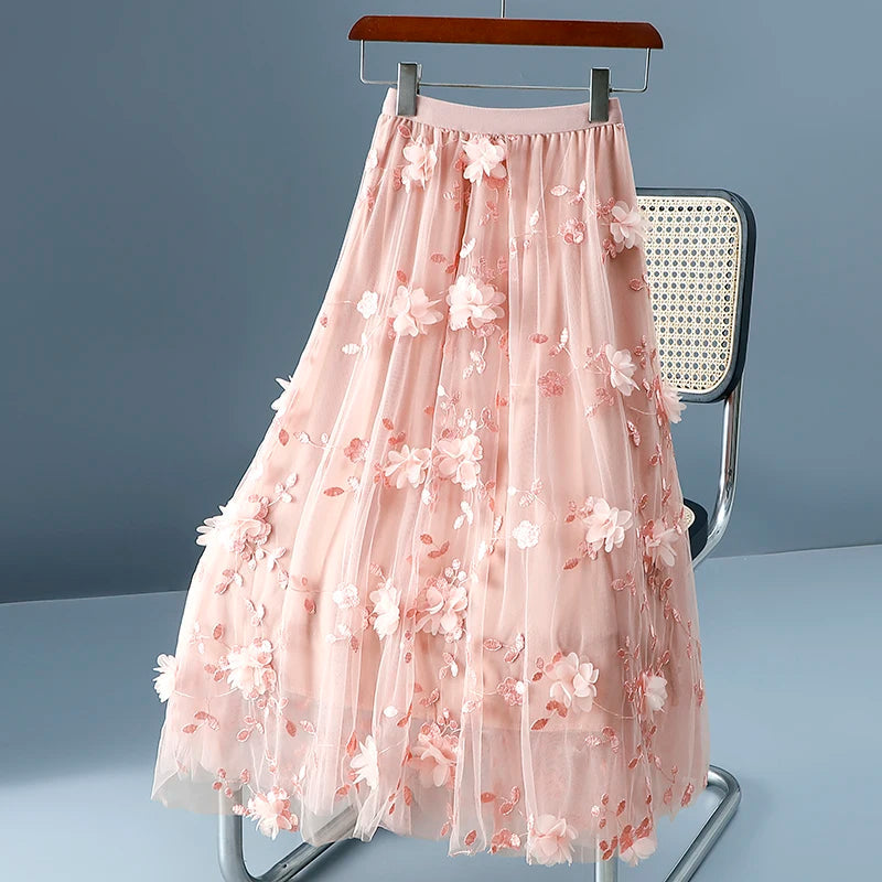 High Waist Slim Long Skirt High Quality Embroidery Sweet 3D Flowers Mesh Tulle LADYLYS