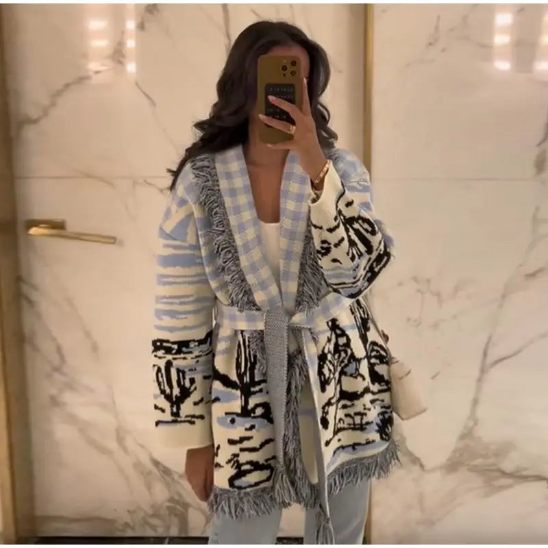 Women's Jacquard Knit Wrap Cardigan with Belt and Fringe Trim