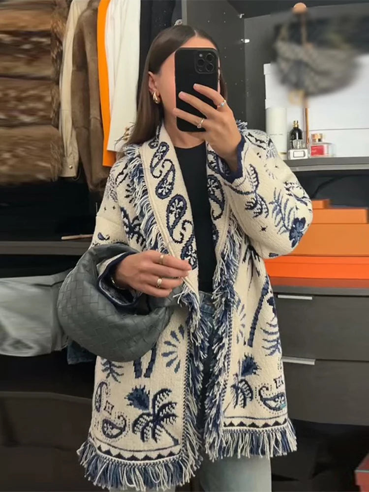 Women's Jacquard Knit Wrap Cardigan with Belt and Fringe Trim